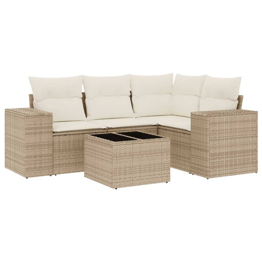 vidaXL 5-tlg. Garten-Sofagarnitur mit Kissen Beige Poly Rattan