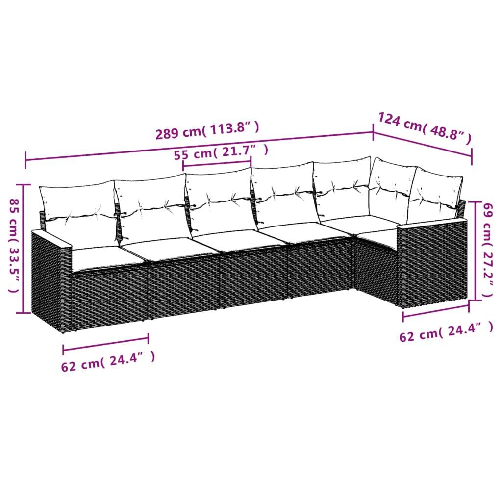 vidaXL 6-teiliges Gartensofa-Set mit Kissen, schwarzes Polyrattan