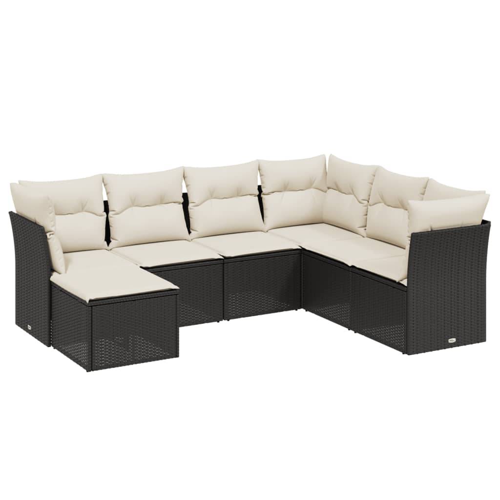 vidaXL 7-tlg. Garten-Sofagarnitur mit Kissen Schwarz Poly Rattan