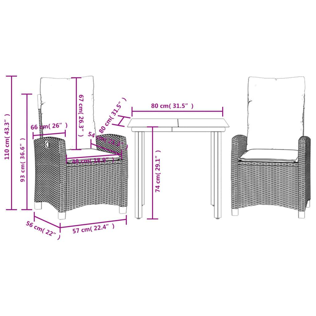 vidaXL 3-tlg. Garten-Essgruppe mit Kissen Beige Poly Rattan