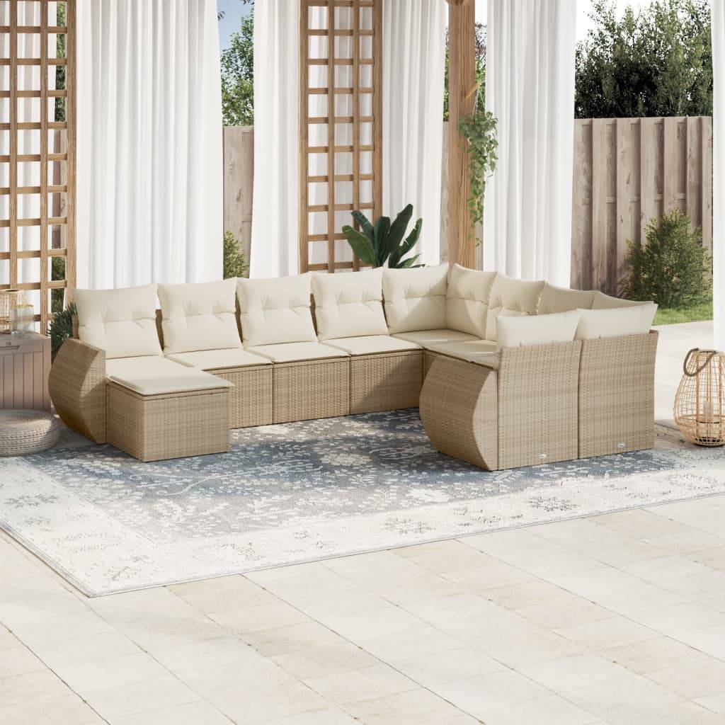 vidaXL 10-tlg. Garten-Sofagarnitur mit Kissen Beige Poly Rattan