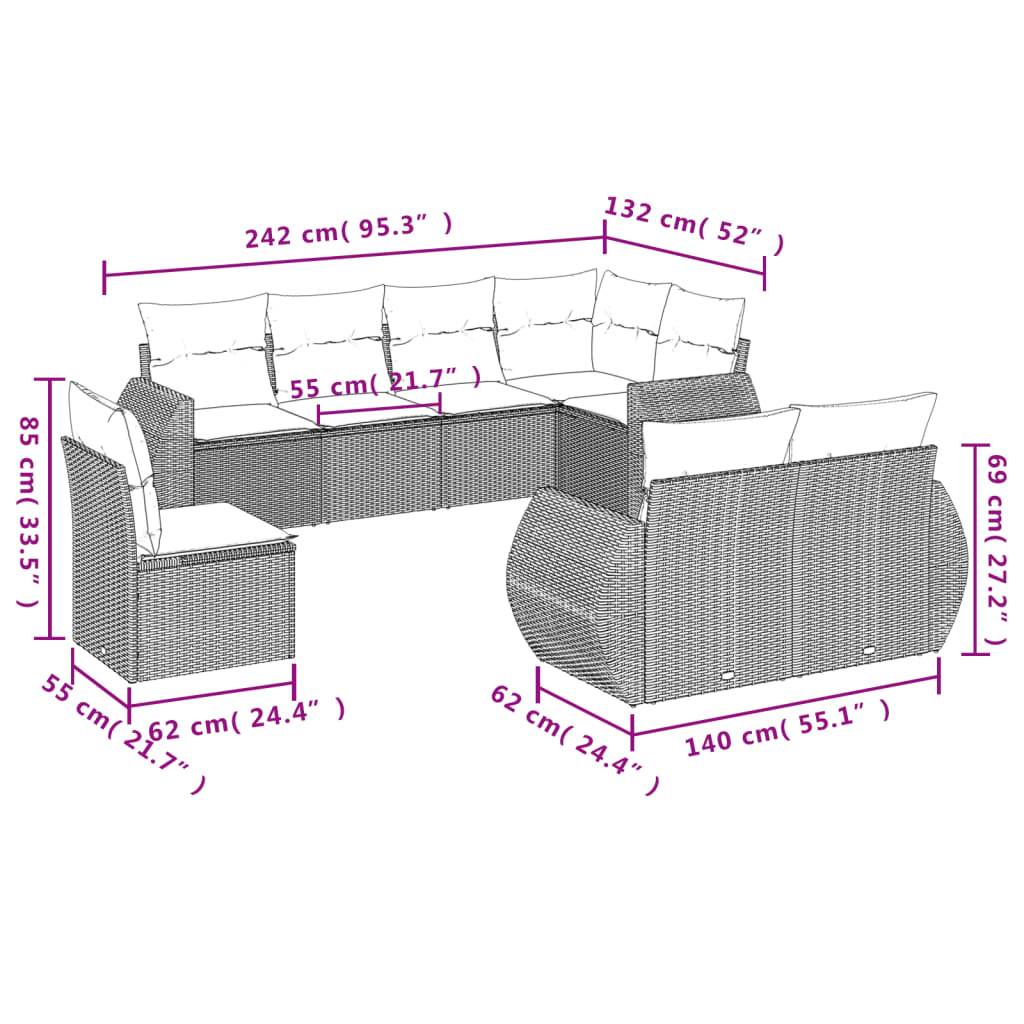 vidaXL 8-tlg. Garten-Sofagarnitur mit Kissen Braun Poly Rattan