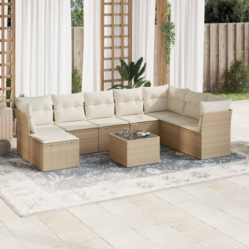 vidaXL 9-tlg. Garten-Sofagarnitur mit Kissen Beige Poly Rattan