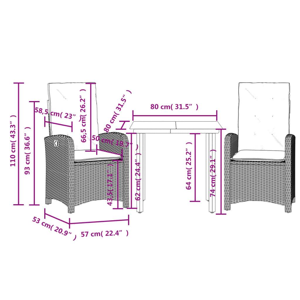vidaXL 3-tlg. Garten-Essgruppe mit Kissen Grau Poly Rattan