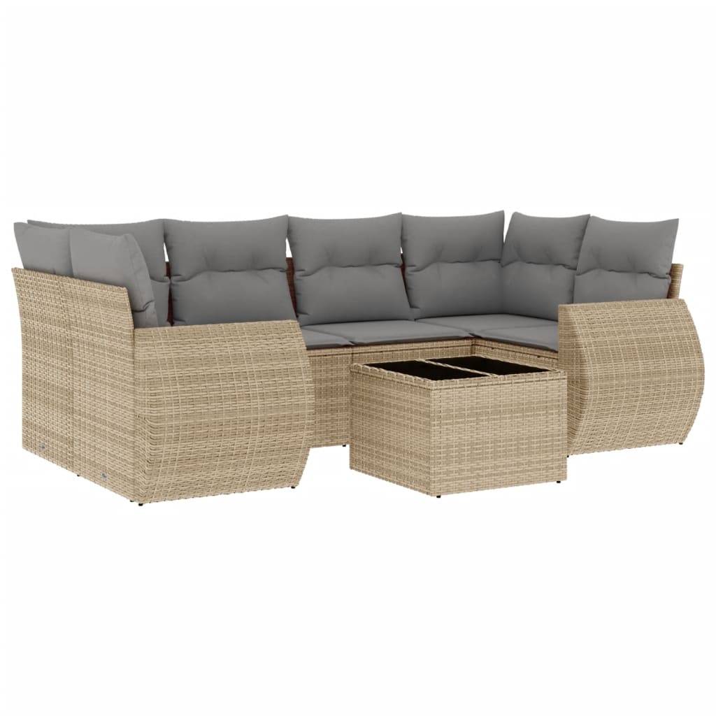 vidaXL 7-tlg. Garten-Sofagarnitur mit Kissen Beige Poly Rattan