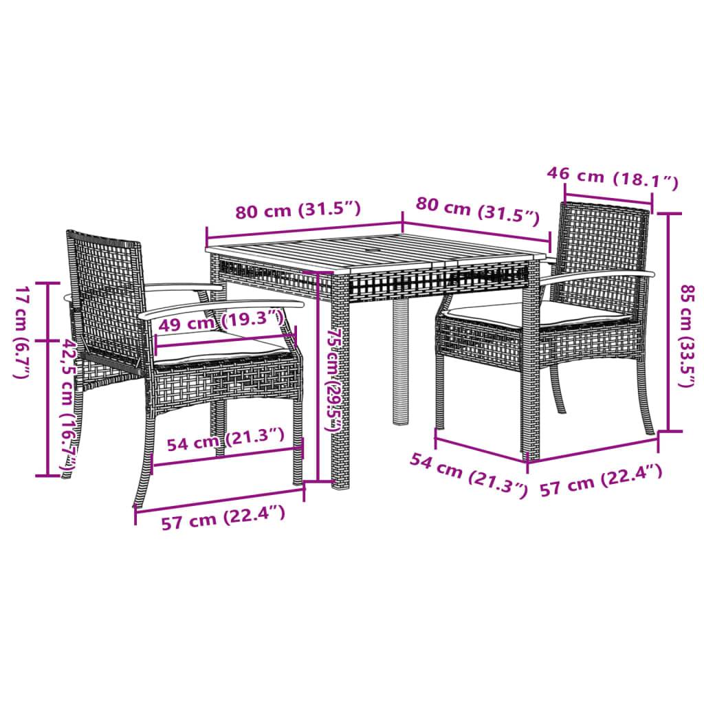 vidaXL 3-tlg. Garten-Essgruppe mit Kissen Schwarz Poly Rattan