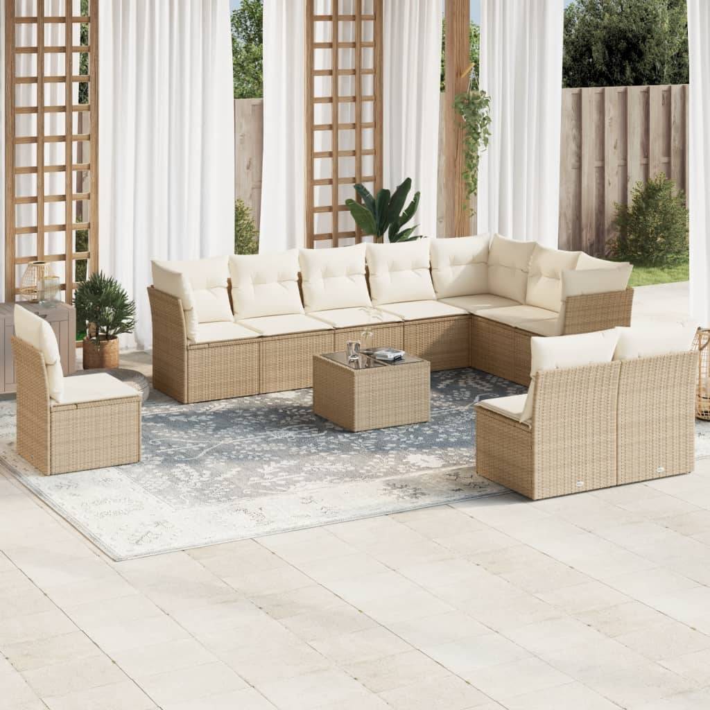 vidaXL 11-tlg. Garten-Sofagarnitur mit Kissen Beige Poly Rattan