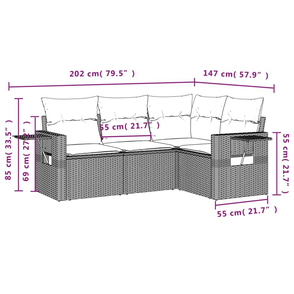 vidaXL 4-teiliges Gartensofa-Set mit Kissen, grau, Polyrattan