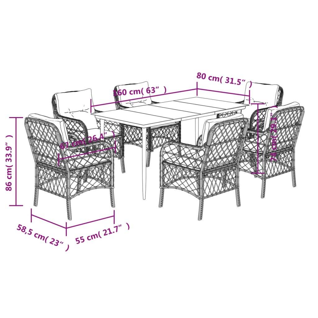 vidaXL 7-tlg. Garten-Essgruppe mit Kissen Braun Poly Rattan