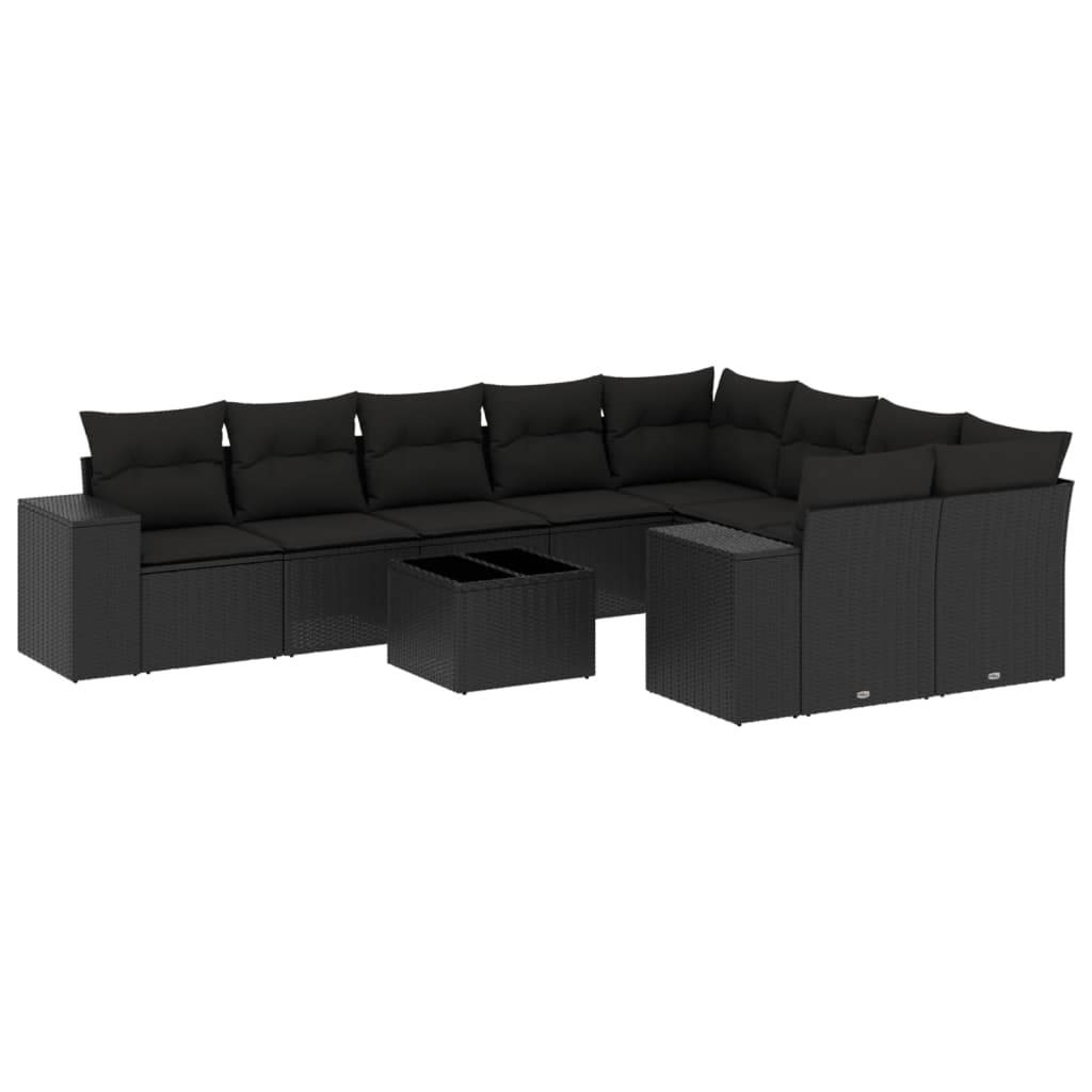 vidaXL 10-tlg. Garten-Sofagarnitur mit Kissen Schwarz Poly Rattan