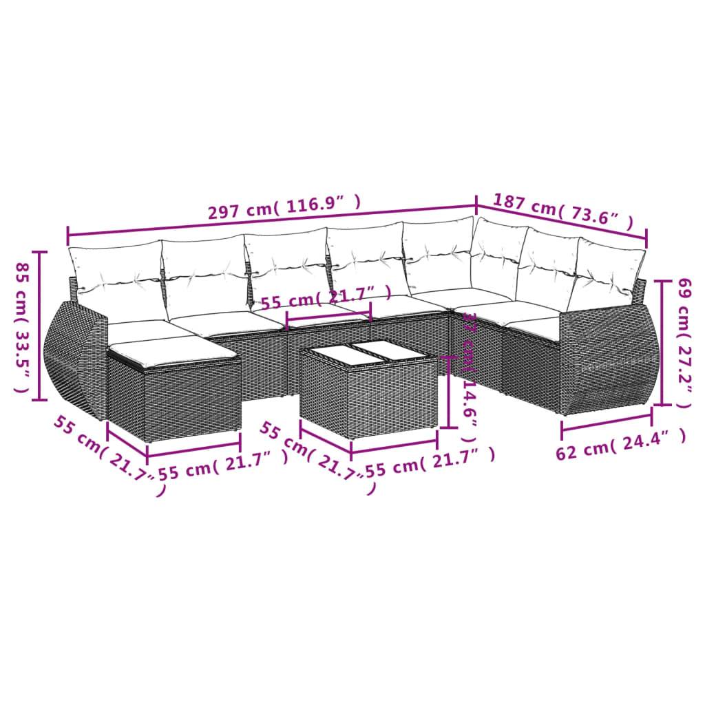 vidaXL 9-teiliges Gartensofa-Set mit Kissen, grau, Polyrattan
