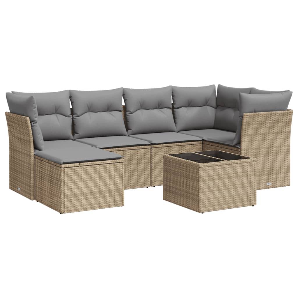 vidaXL 7-tlg. Garten-Sofagarnitur mit Kissen Beige Poly Rattan