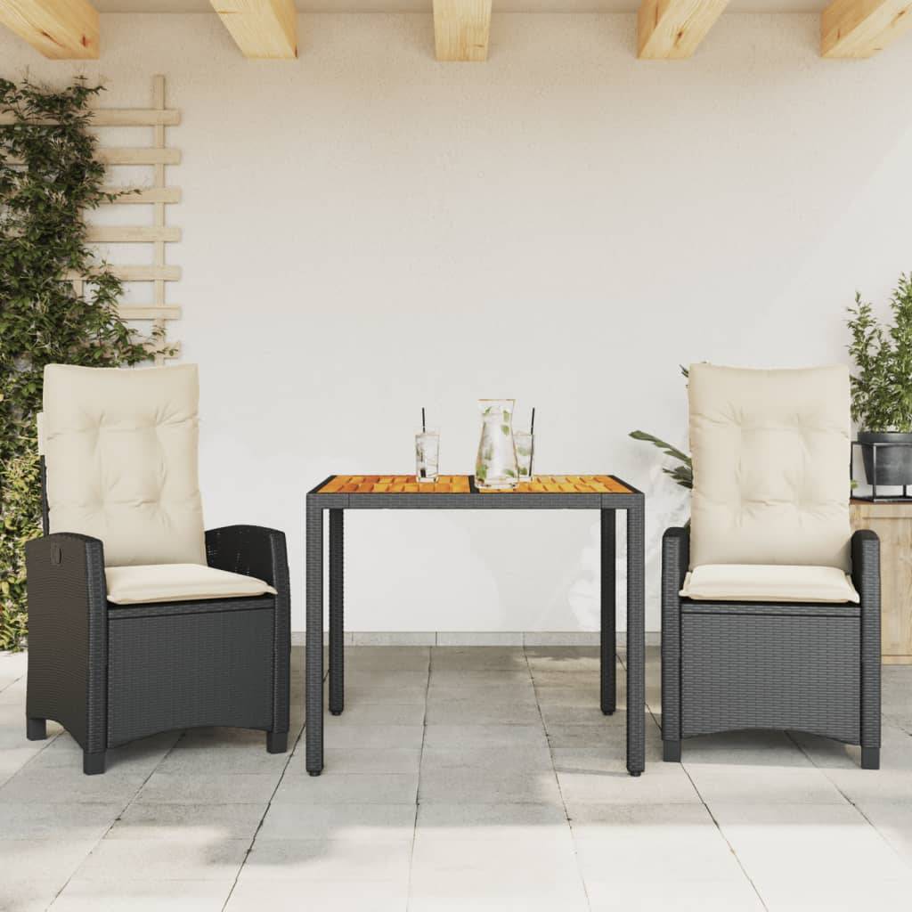 vidaXL 3-tlg. Garten-Essgruppe mit Kissen Schwarz Poly Rattan