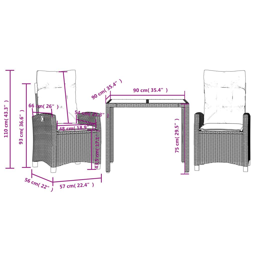 vidaXL 3-tlg. Garten-Essgruppe mit Kissen Schwarz Poly Rattan