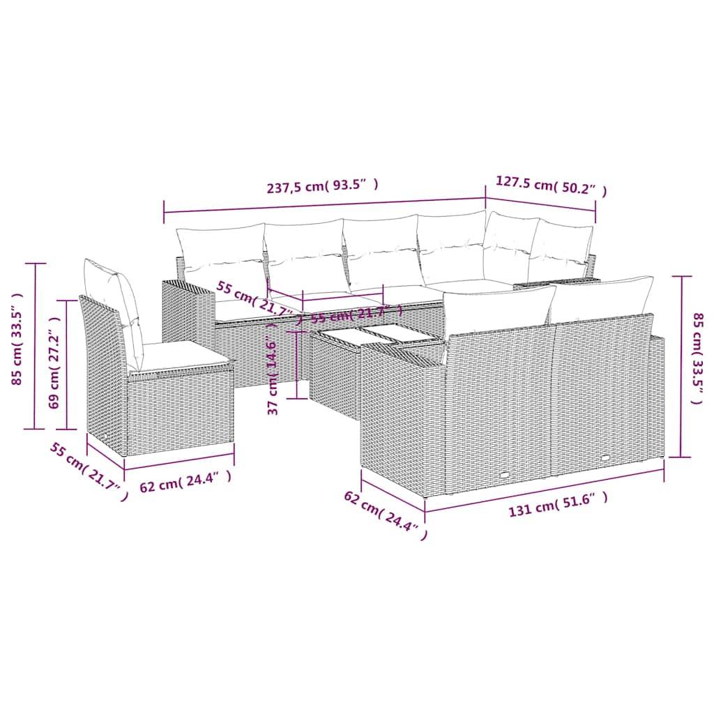 vidaXL 9-tlg. Garten-Sofagarnitur mit Kissen Schwarz Poly Rattan