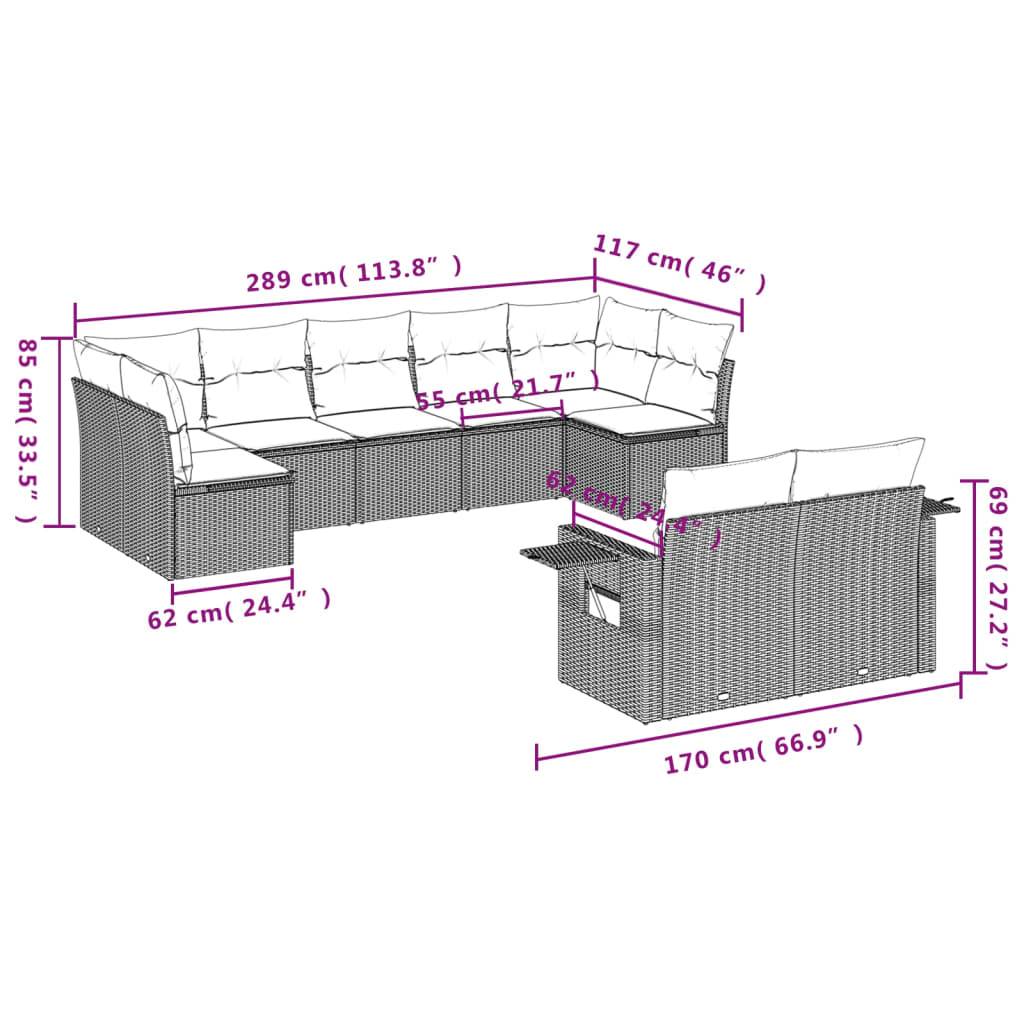 vidaXL 9-teiliges Gartensofa-Set mit Kissen, schwarzes Polyrattan