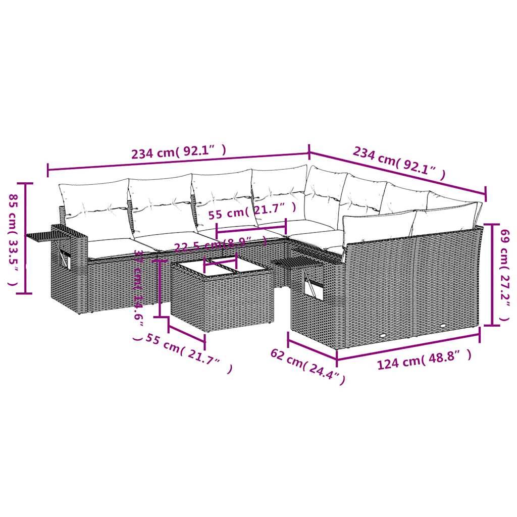 vidaXL 9-tlg. Garten-Sofagarnitur mit Kissen Schwarz Poly Rattan