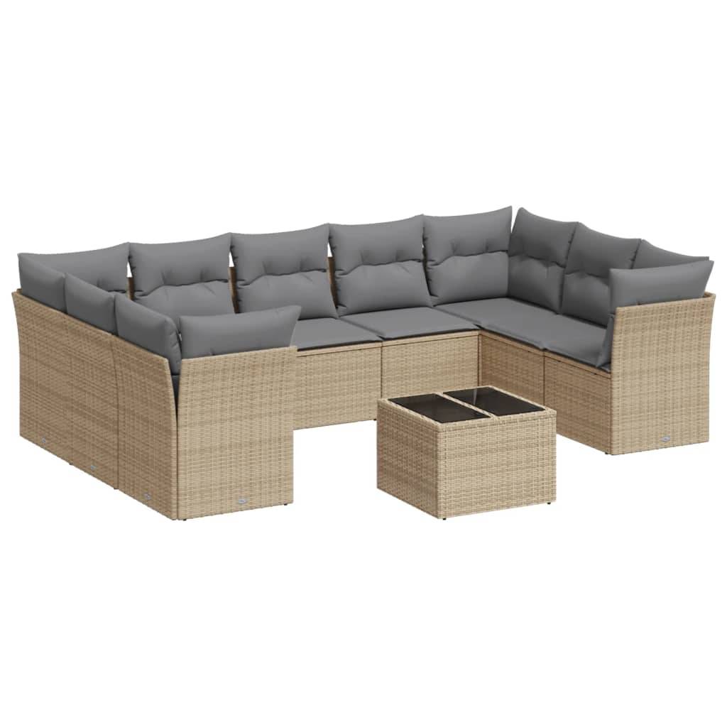 vidaXL 10-tlg. Garten-Sofagarnitur mit Kissen Beige Poly Rattan
