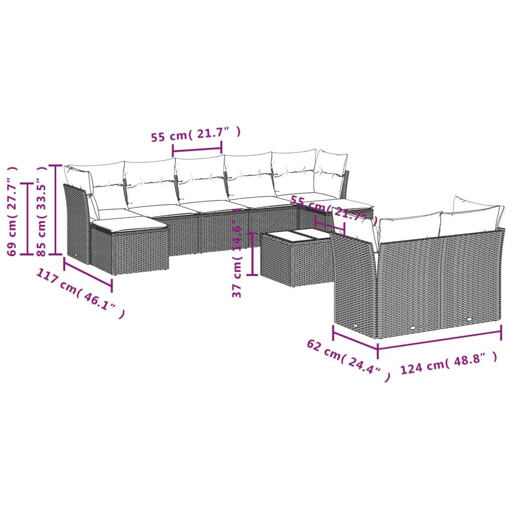 vidaXL 10-teiliges Gartensofa-Set mit Kissen, schwarzes Polyrattan