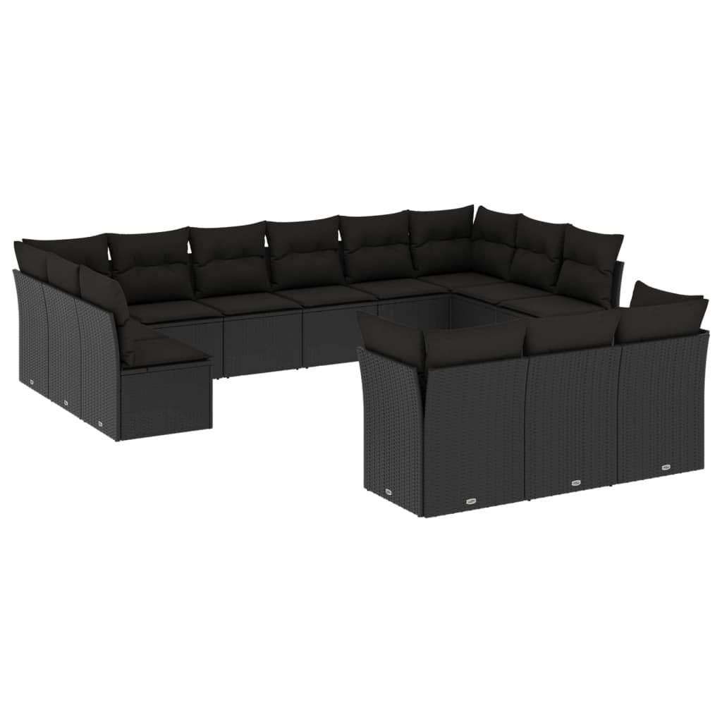 vidaXL 13-tlg. Garten-Sofagarnitur mit Kissen Schwarz Poly Rattan