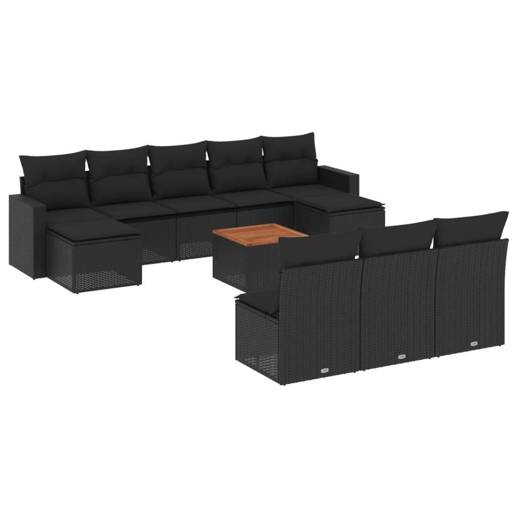 vidaXL 11-tlg. Garten-Sofagarnitur mit Kissen Schwarz Poly Rattan