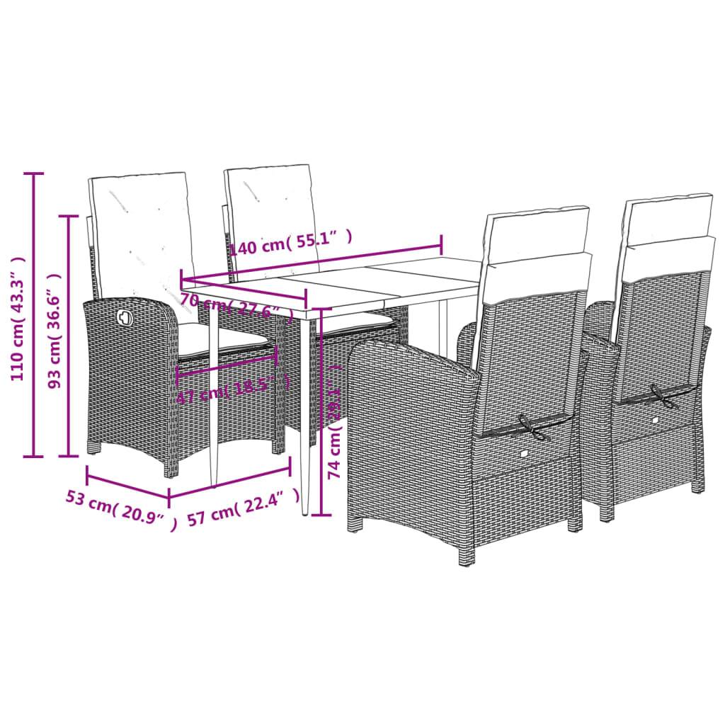 vidaXL 5-tlg. Garten-Essgruppe mit Kissen Grau Poly Rattan