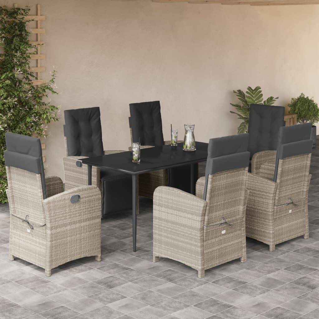 vidaXL 7-tlg. Garten-Essgruppe mit Kissen Hellgrau Poly Rattan