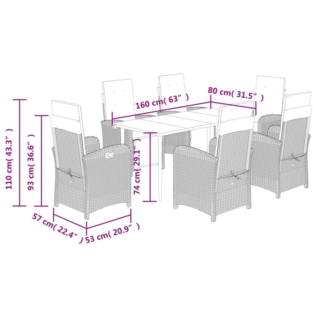 vidaXL 7-tlg. Garten-Essgruppe mit Kissen Grau Poly Rattan