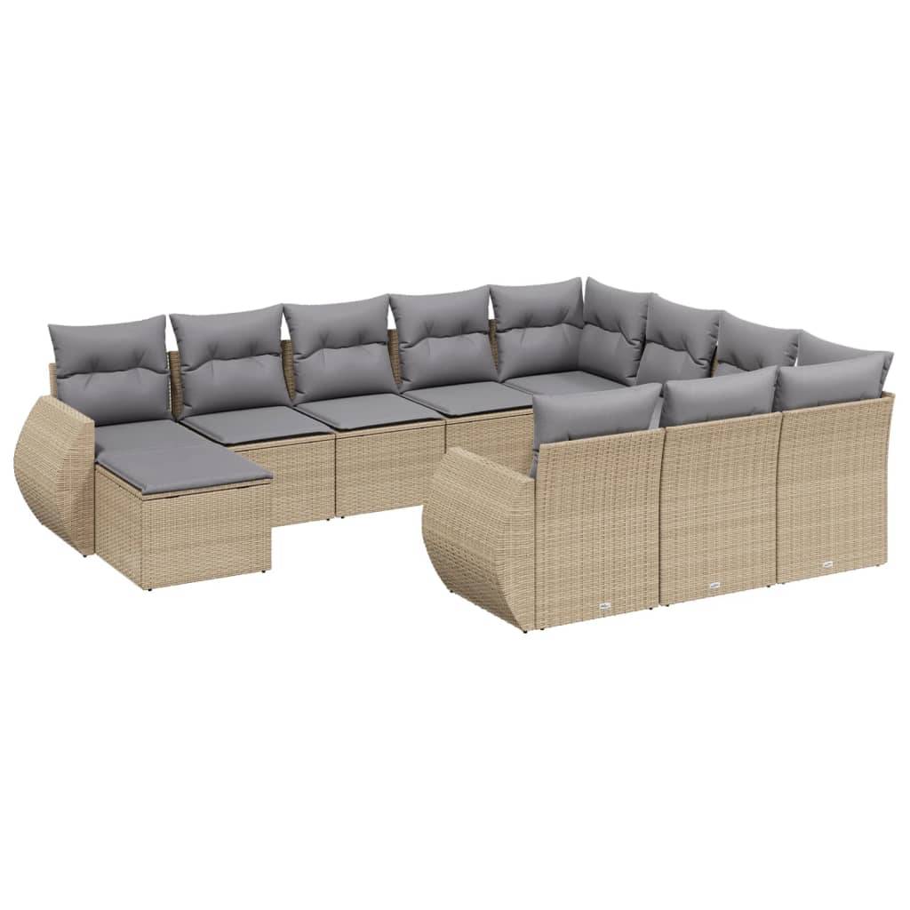 vidaXL 11-tlg. Garten-Sofagarnitur mit Kissen Beige Poly Rattan