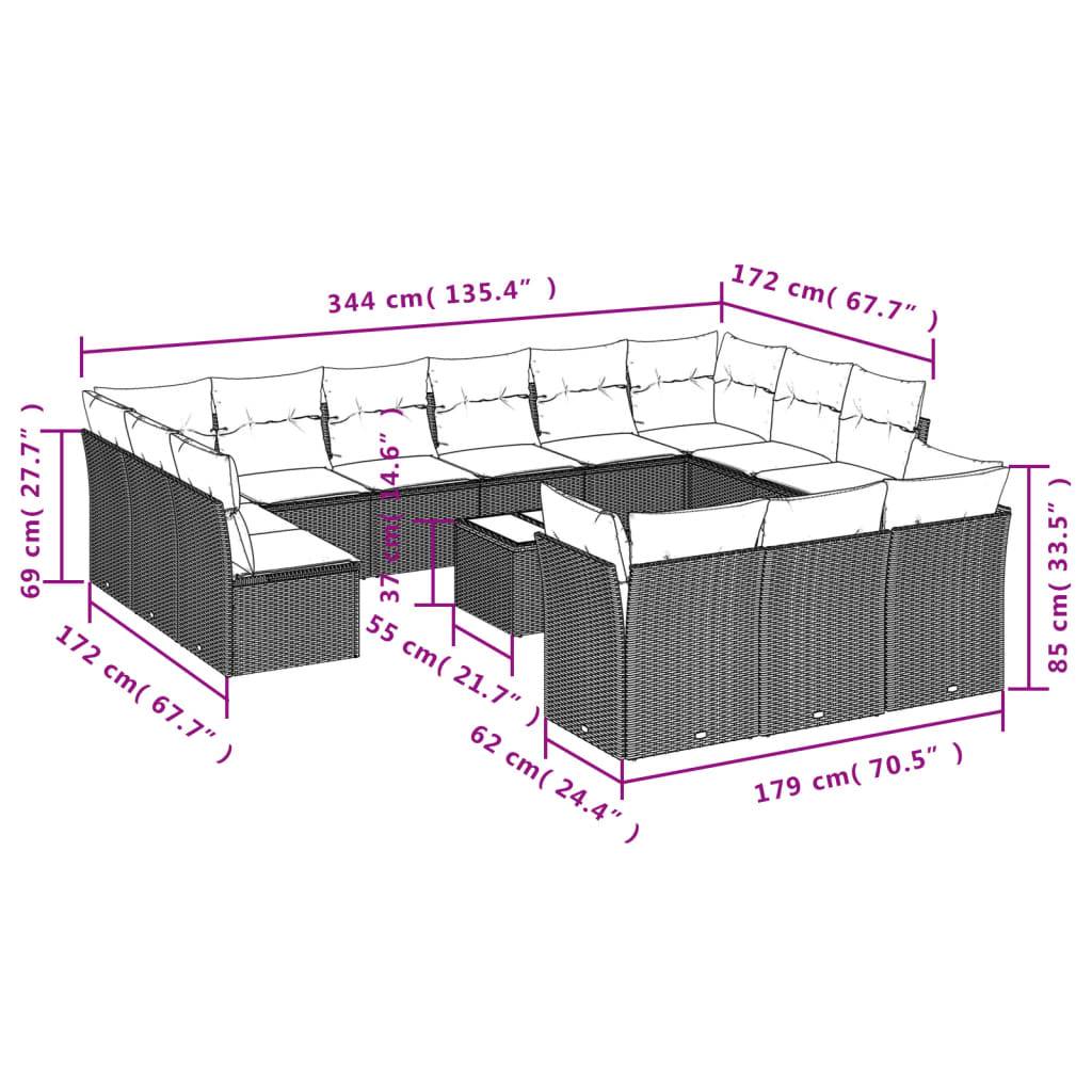 vidaXL 14-tlg. Garten-Sofagarnitur mit Kissen Braun Poly Rattan