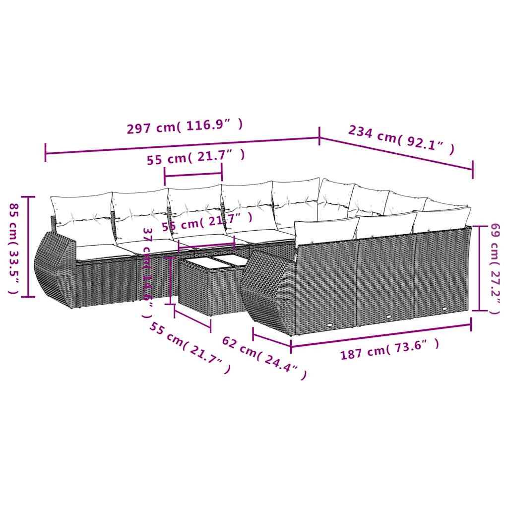 vidaXL 11-tlg. Garten-Sofagarnitur mit Kissen Schwarz Poly Rattan