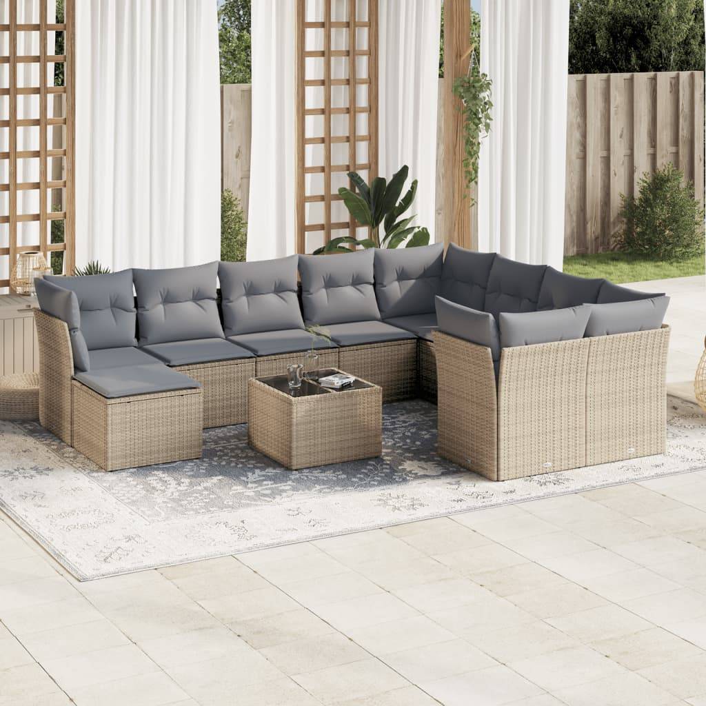vidaXL 11-tlg. Garten-Sofagarnitur mit Kissen Beige Poly Rattan