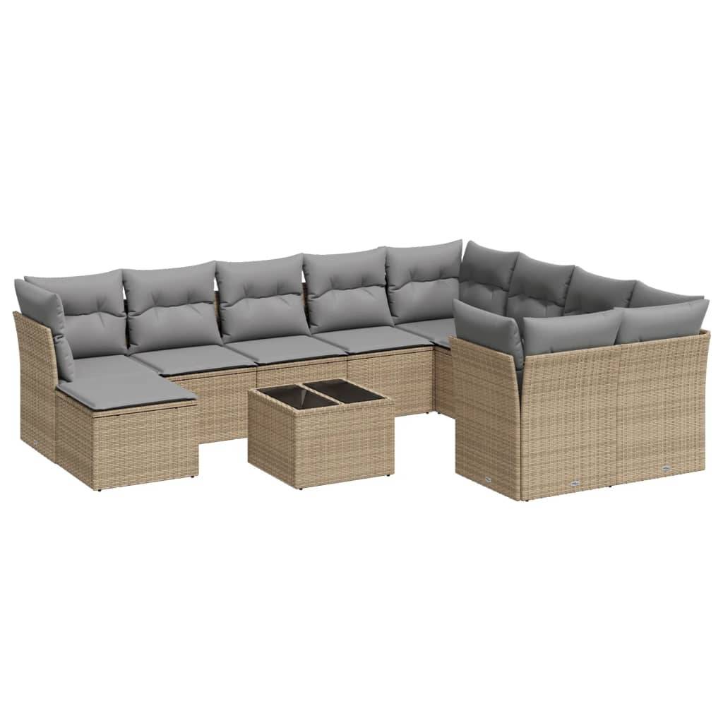 vidaXL 11-tlg. Garten-Sofagarnitur mit Kissen Beige Poly Rattan