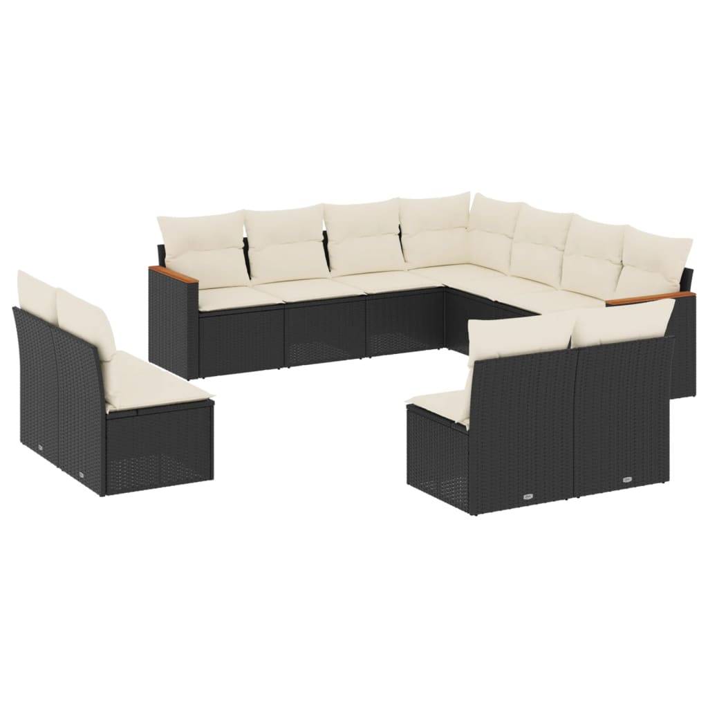 vidaXL 11-tlg. Garten-Sofagarnitur mit Kissen Schwarz Poly Rattan