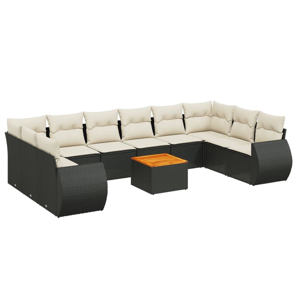 vidaXL 11-tlg. Garten-Sofagarnitur mit Kissen Schwarz Poly Rattan