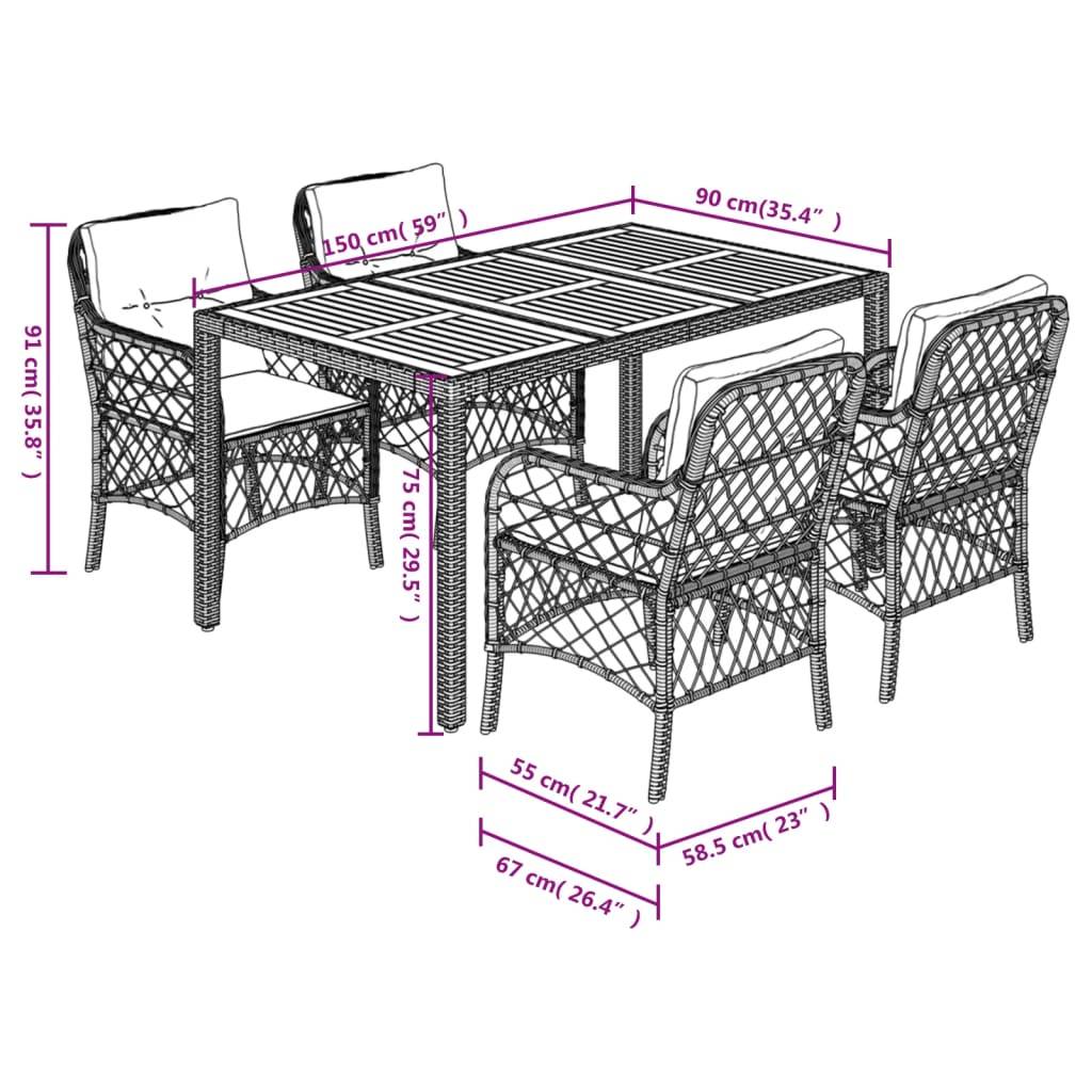 vidaXL 5-tlg. Garten-Essgruppe mit Kissen Grau Poly Rattan