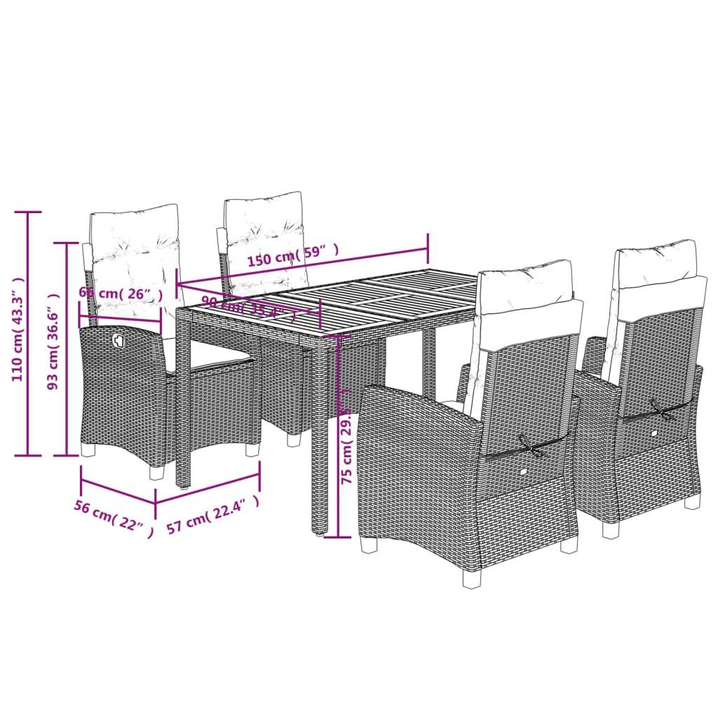 vidaXL 5-tlg. Garten-Essgruppe mit Kissen Grau Poly Rattan