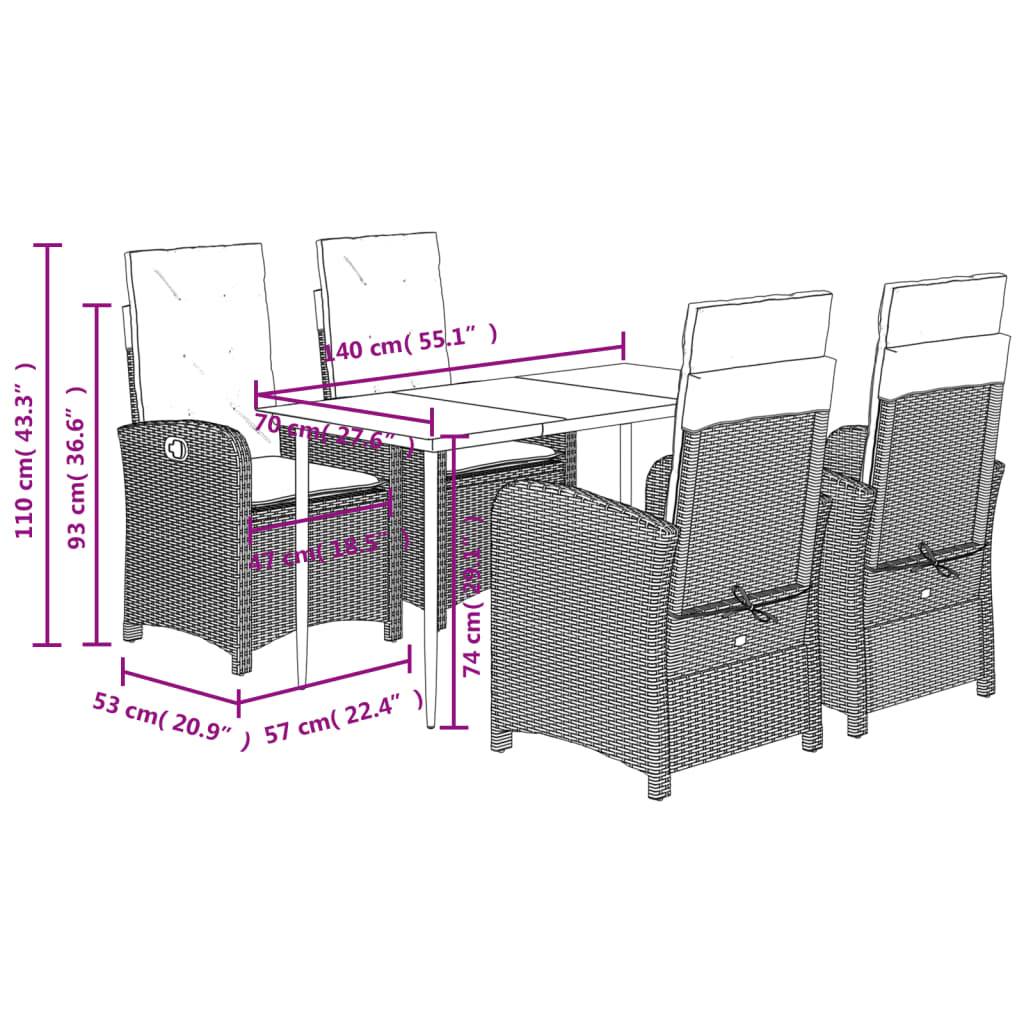 vidaXL 5-tlg. Garten-Essgruppe mit Kissen Braun Poly Rattan