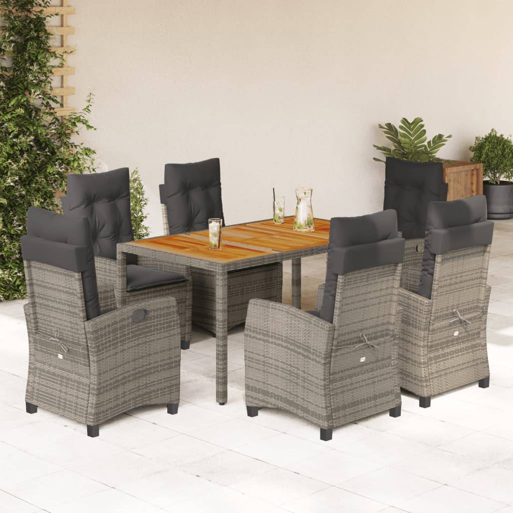 vidaXL 7-tlg. Garten-Essgruppe mit Kissen Grau Poly Rattan