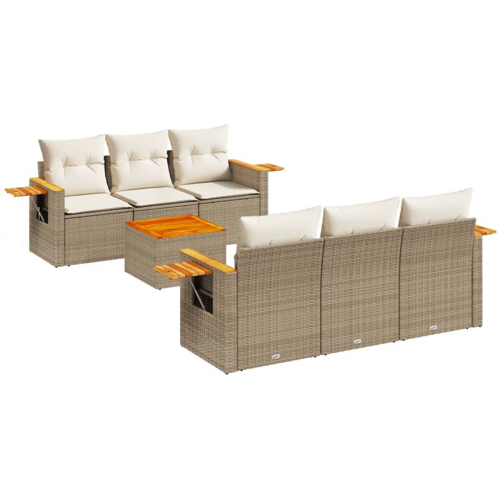 vidaXL 7-tlg. Garten-Sofagarnitur mit Kissen Beige Poly Rattan