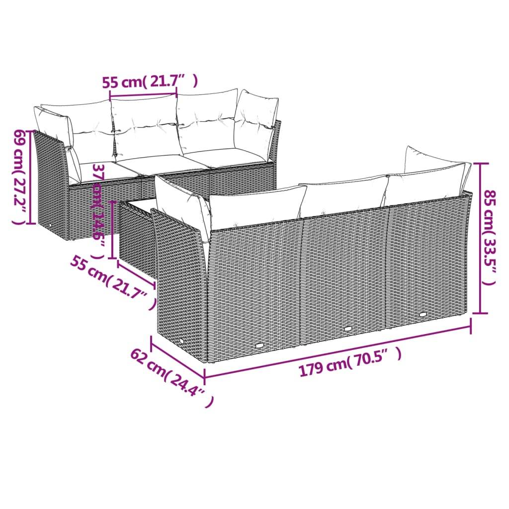 vidaXL 7-tlg. Garten-Sofagarnitur mit Kissen Braun Poly Rattan