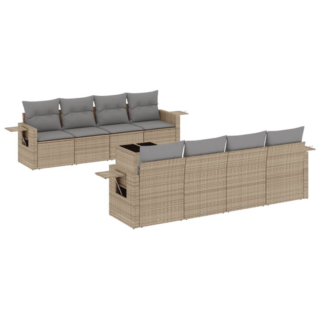 vidaXL 9-tlg. Garten-Sofagarnitur mit Kissen Beige Poly Rattan