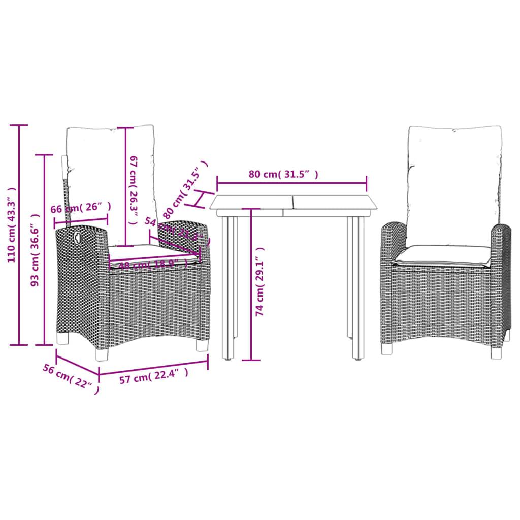 vidaXL 3-tlg. Garten-Essgruppe mit Kissen Schwarz Poly Rattan
