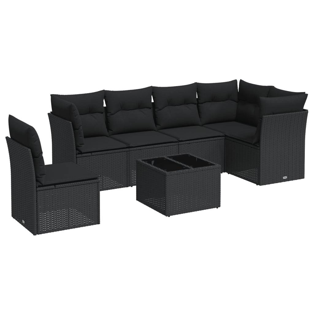 vidaXL 7-tlg. Garten-Sofagarnitur mit Kissen Schwarz Poly Rattan
