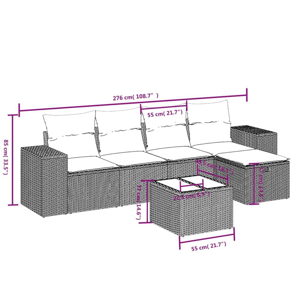 vidaXL 6-teiliges Gartensofa-Set mit Kissen, braun, Polyrattan