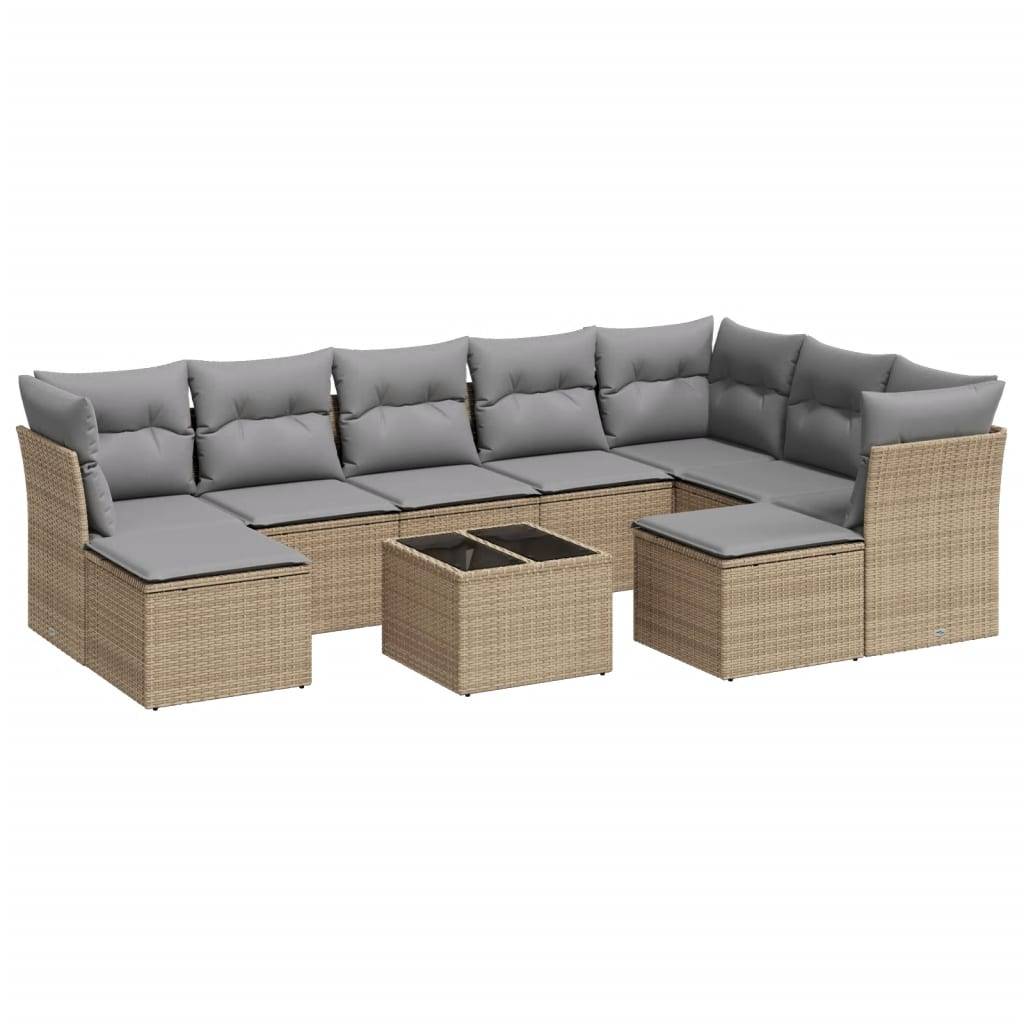 vidaXL 10-tlg. Garten-Sofagarnitur mit Kissen Beige Poly Rattan