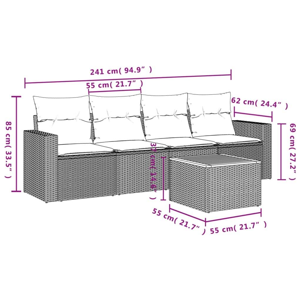 vidaXL 5-tlg. Garten-Sofagarnitur mit Kissen Grau Poly Rattan