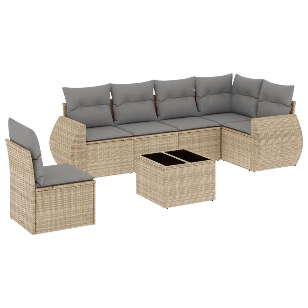 vidaXL 7-tlg. Garten-Sofagarnitur mit Kissen Beige Poly Rattan