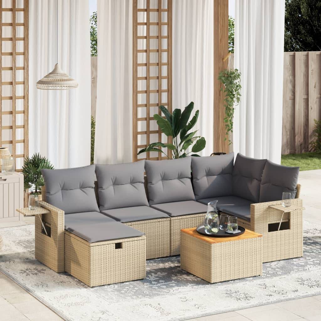 vidaXL 7-tlg. Garten-Sofagarnitur mit Kissen Beige Poly Rattan