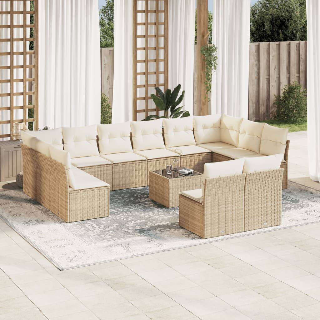 vidaXL 13-tlg. Garten-Sofagarnitur mit Kissen Beige Poly Rattan